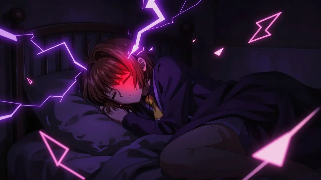 Anime girl in dark room with purple lightning and zigzags representing migraine