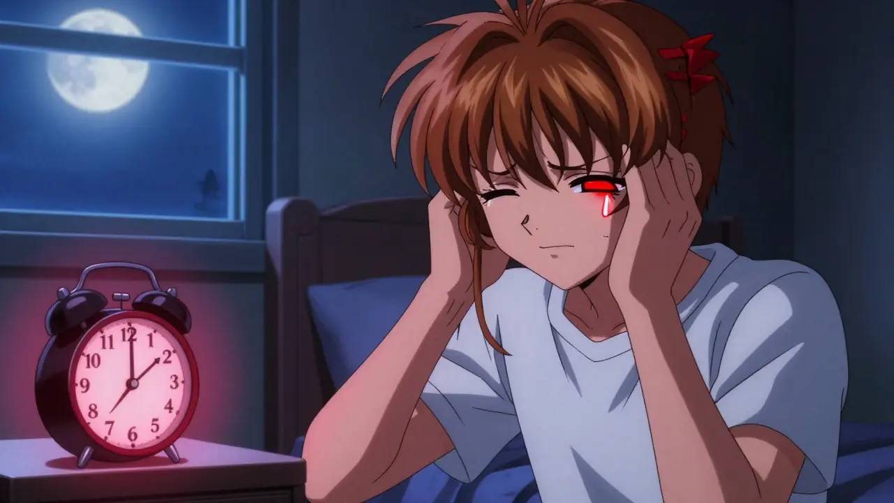 Anime man pacing in pain, clutching one eye with redness and tears for cluster headache