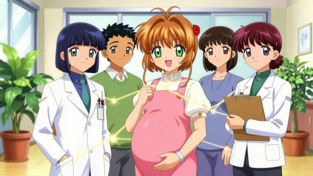 Anime mother supported by doctors and counselors with glowing connection lines