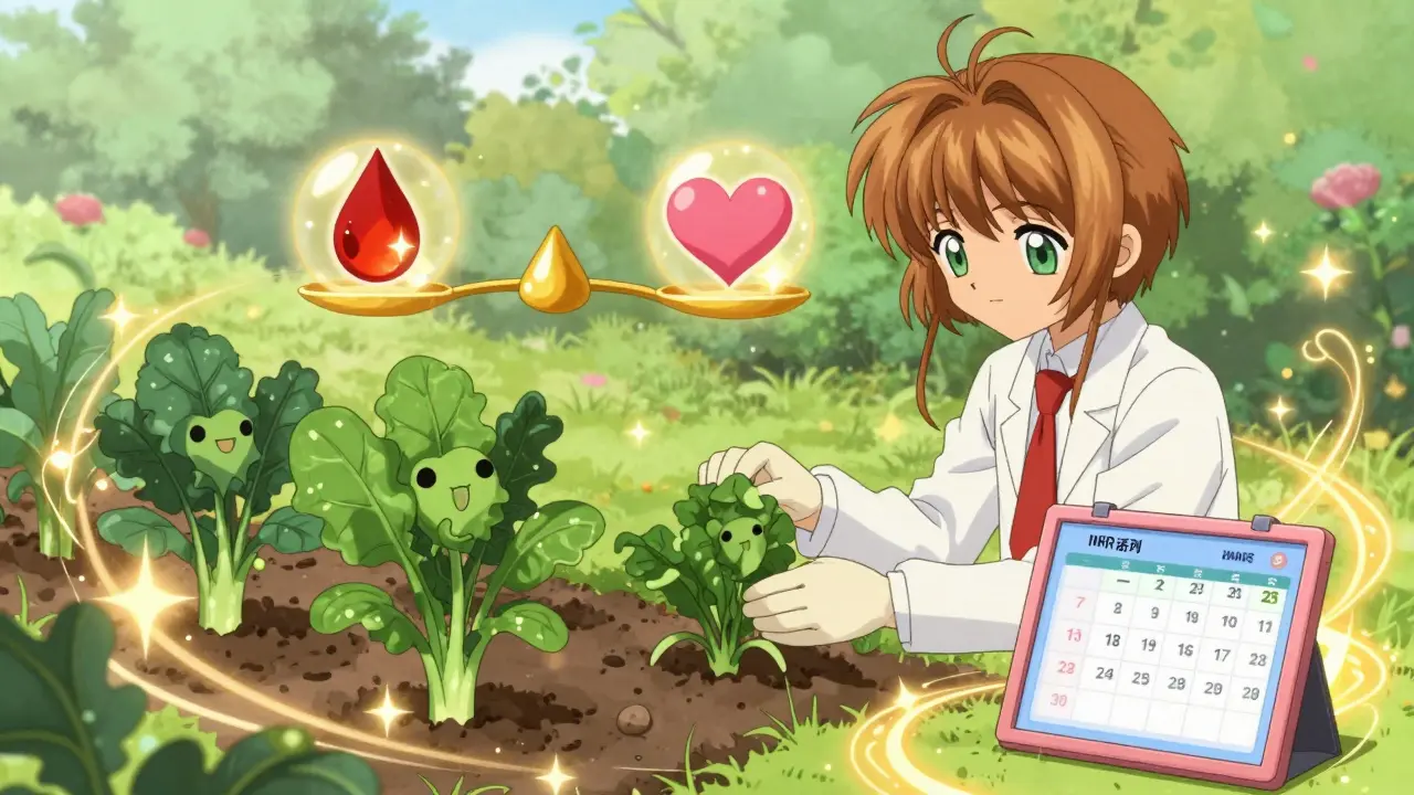 Character managing diet and INR testing schedule in a serene magical garden