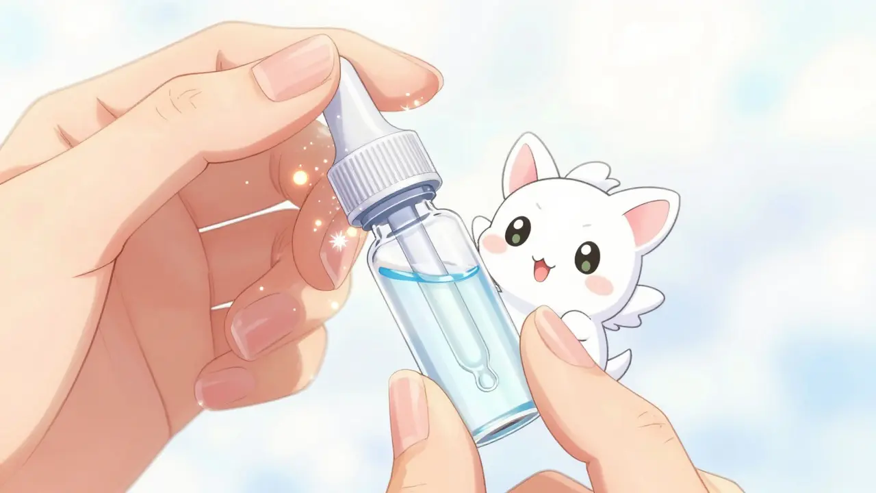 Close up of preservative-free eye drops with magical sparkles