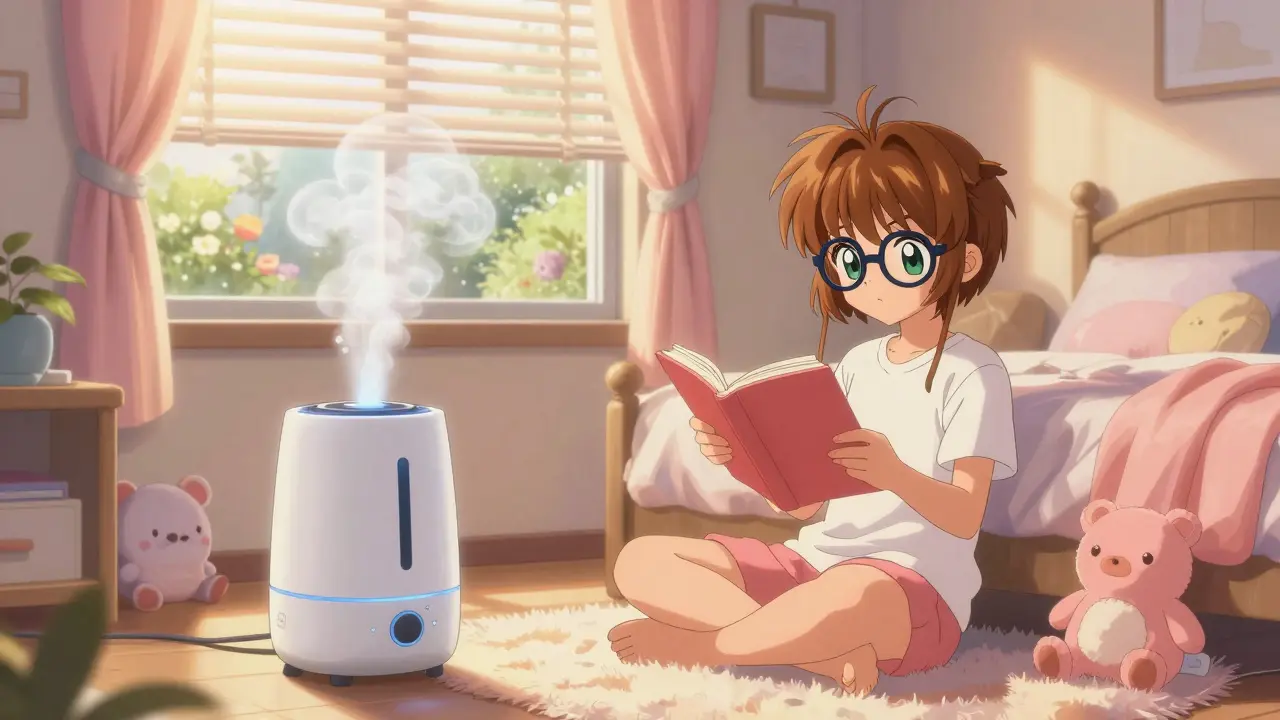 Cozy room with humidifier and girl resting her eyes