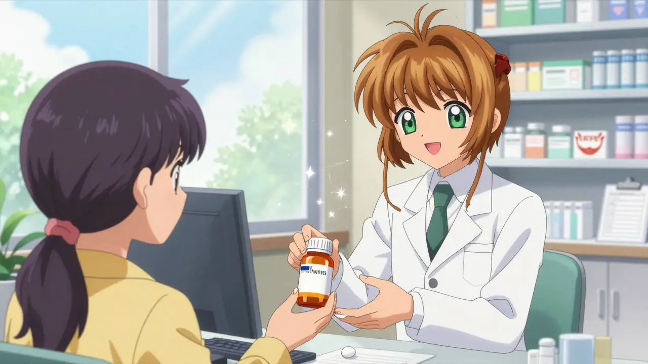 Friendly pharmacist handing medicine in bright safe setting