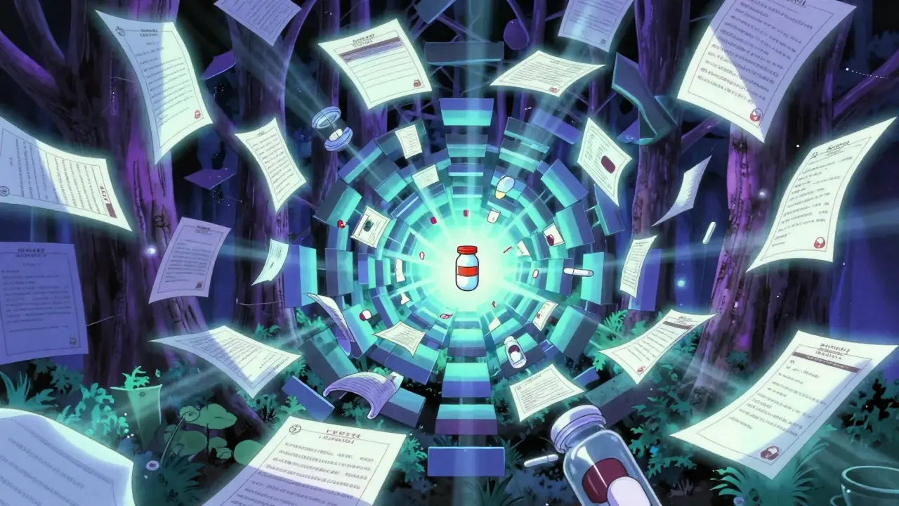 Generic drug navigating a maze of floating patent symbols