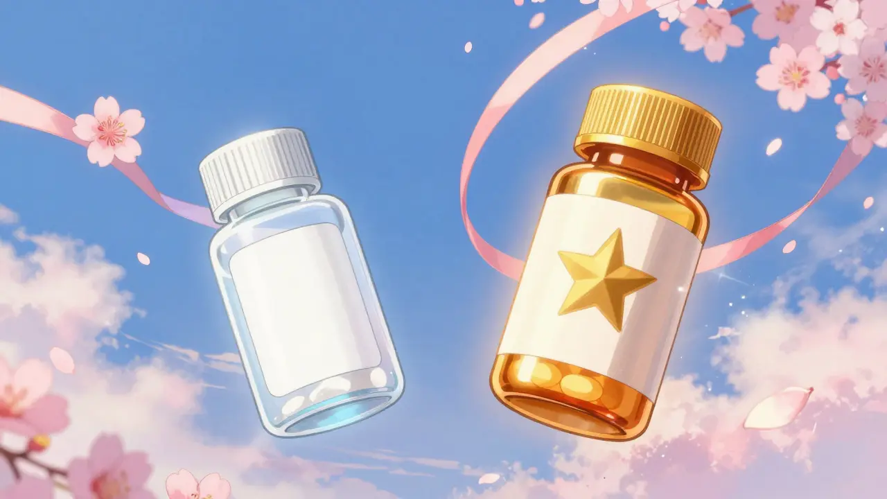Magical comparison of generic vs brand name medication bottles