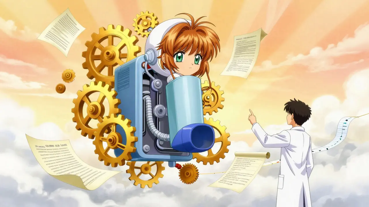 Magical gears and scrolls symbolizing complex FDA approval hurdles