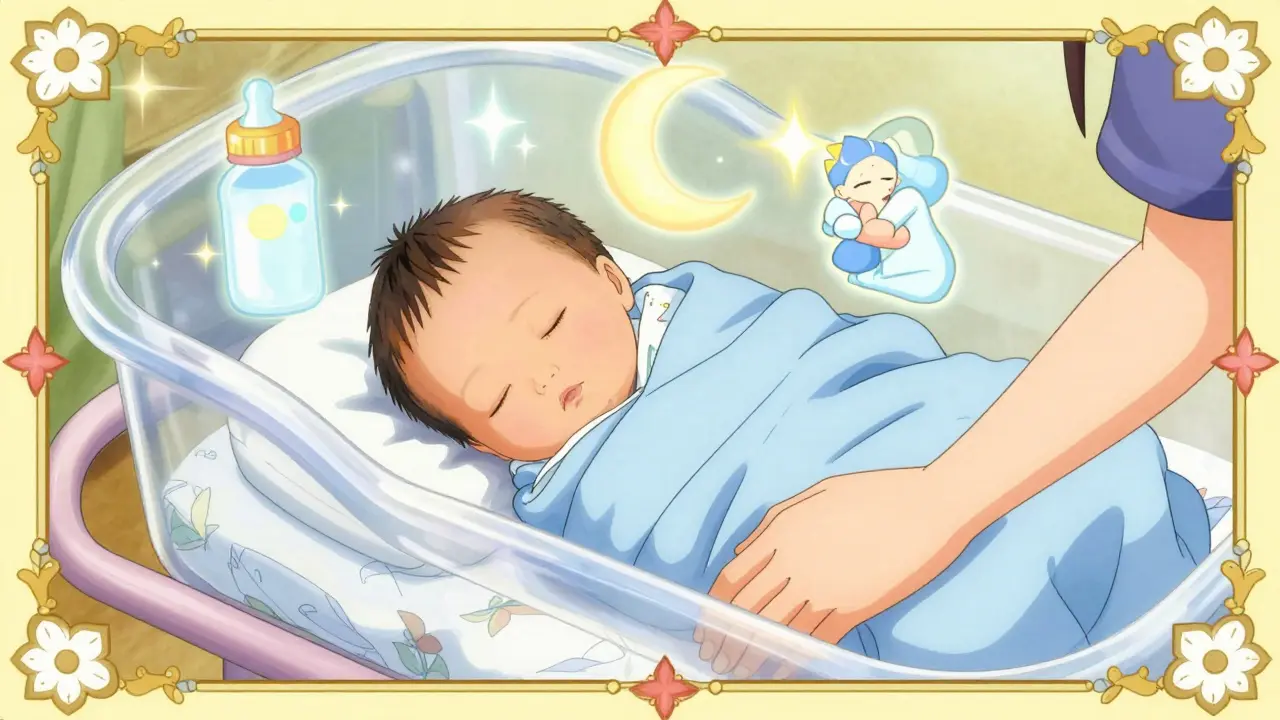 Manga baby sleeping in bassinet with magical icons for feeding and comfort