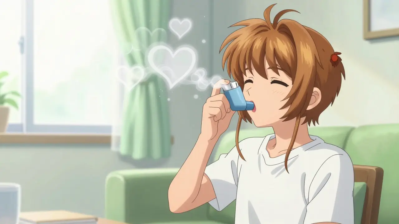 Person using inhaler correctly with healing mist