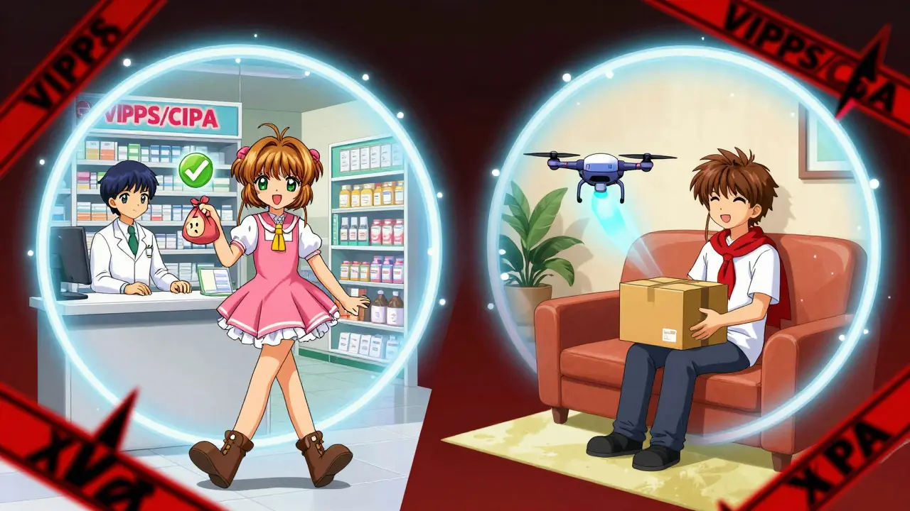 Split scene showing safe pharmacy pickup and home delivery protected by magic shields