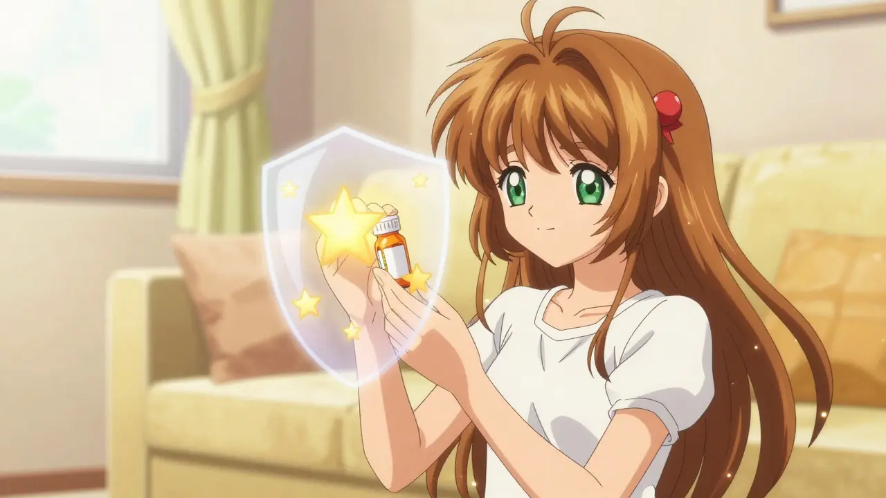 A girl examining a pill bottle surrounded by protective golden star shields.