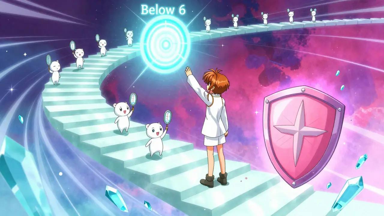 Anime character climbing a spiral staircase toward a gout treatment target goal