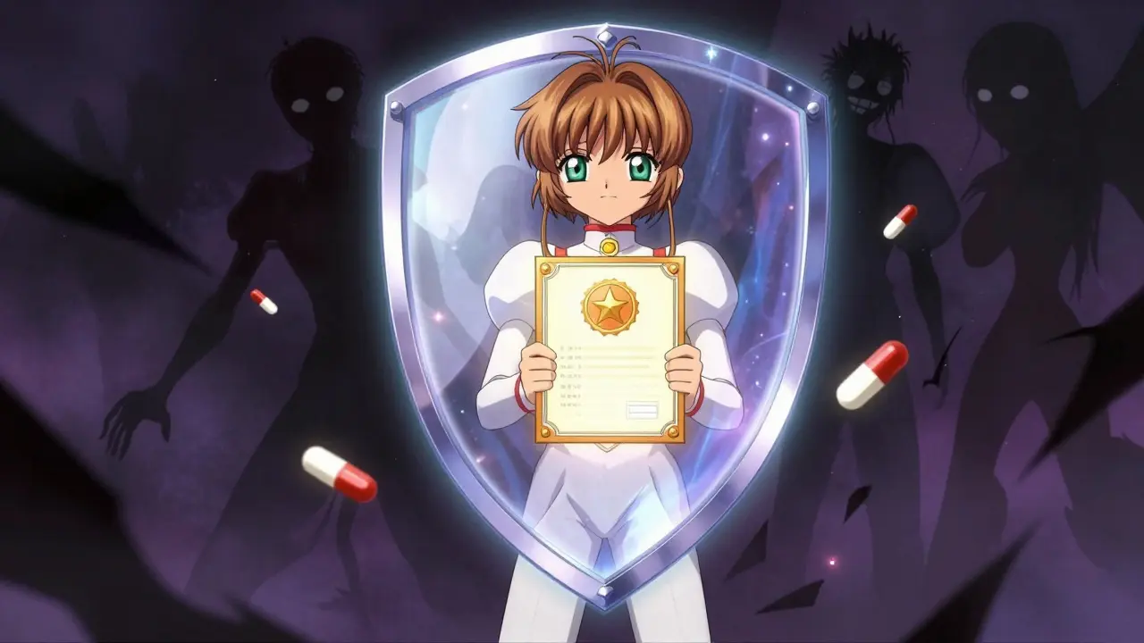Anime character protected by shield from unsafe online pharmacies