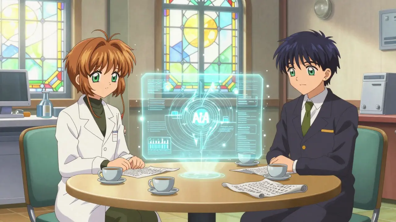 Anime characters reviewing holographic data with AI assistance