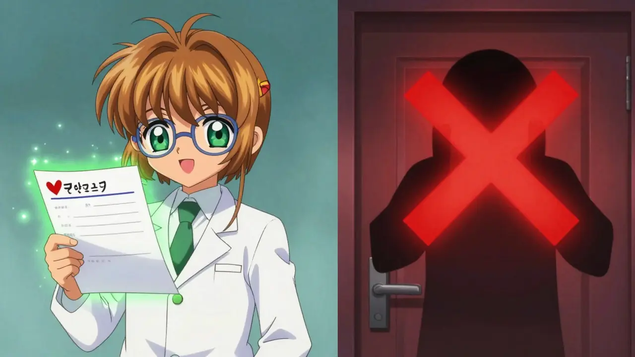 Anime pharmacist verifying prescription against shady site