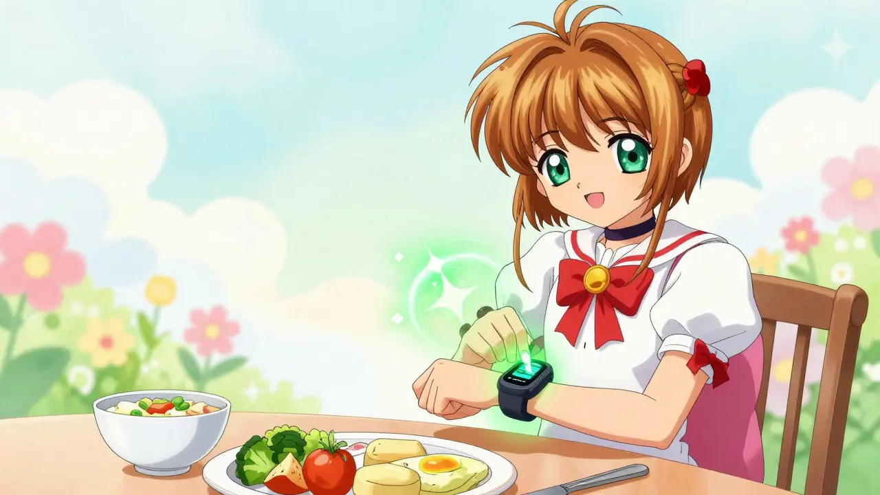 Character checking glucose monitor before eating meal