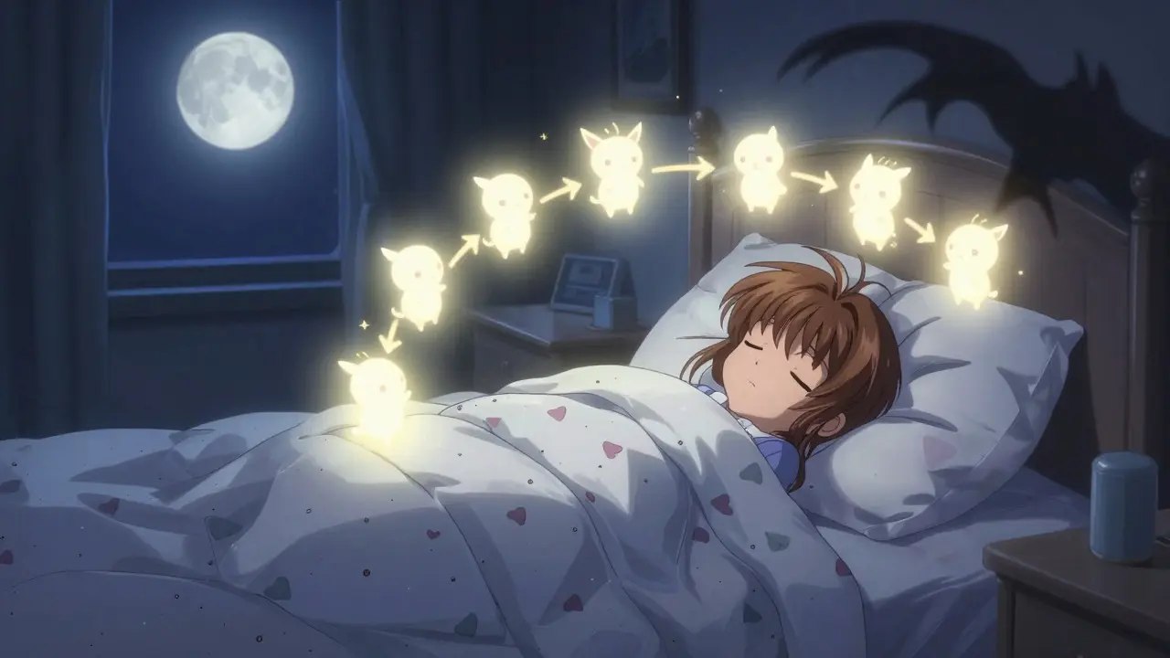 Child sleeping safely under a magical shield protecting against blood sugar extremes