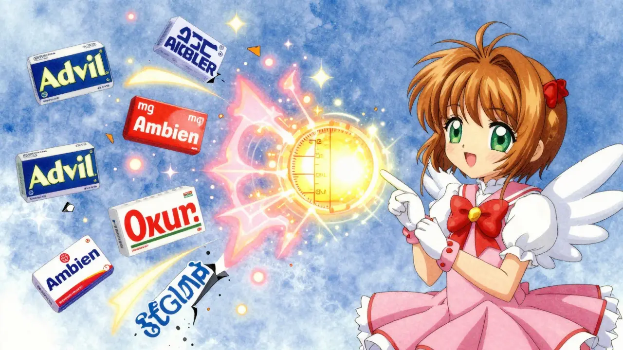 Confusing drug brand names shatter into light, revealing safe generic names and metric measurements with a cute mascot.