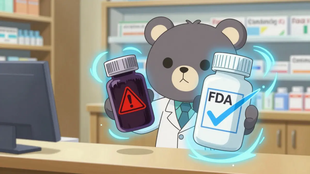 Cute pharmacist mascot comparing safe generic pills vs dangerous fake drugs in anime style