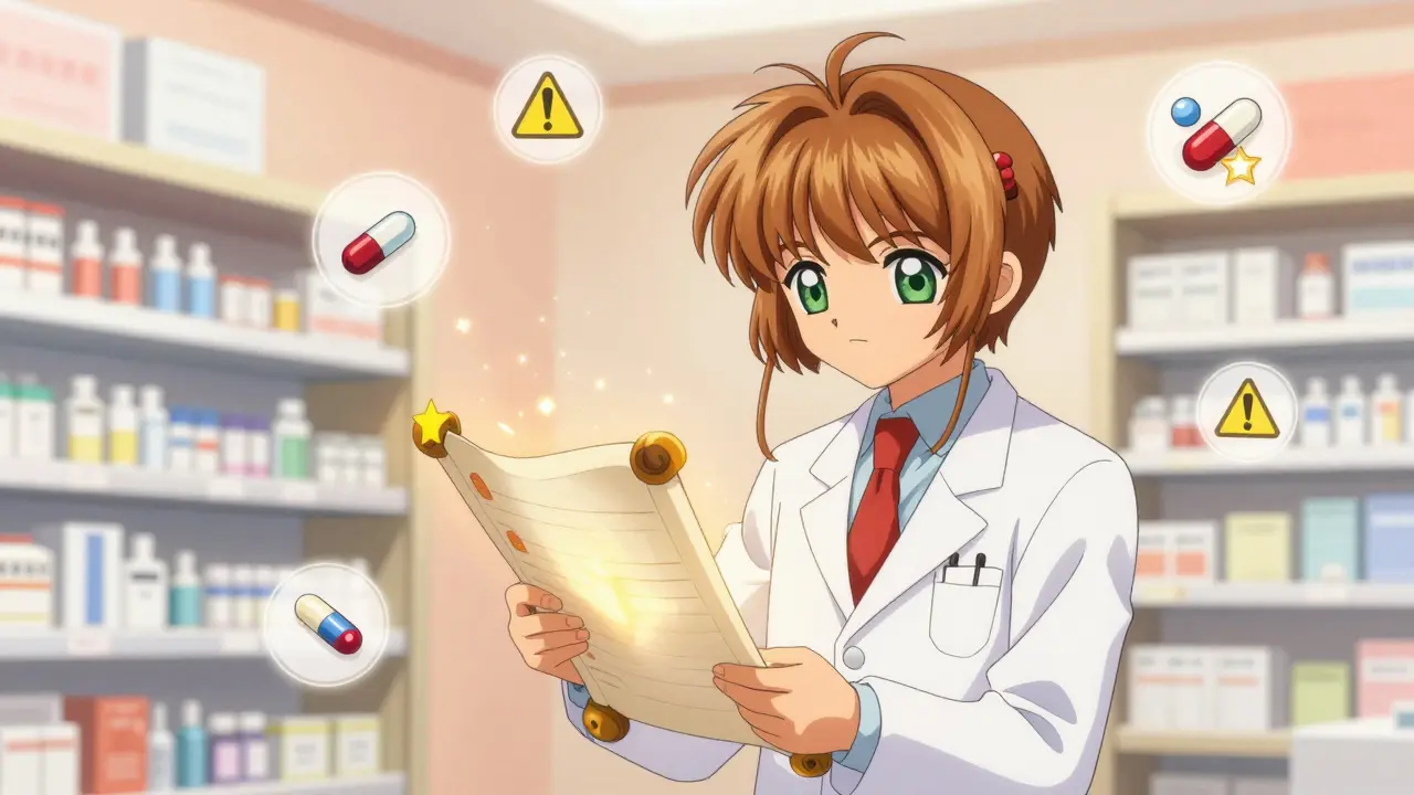 Doctor and pharmacist reviewing patient records with caution icons