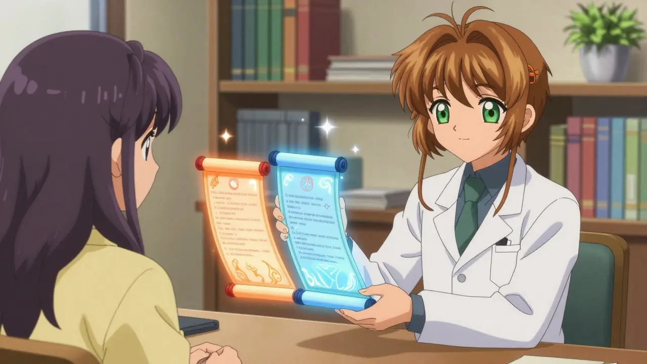 Doctor handing separate glowing scrolls for care and payment