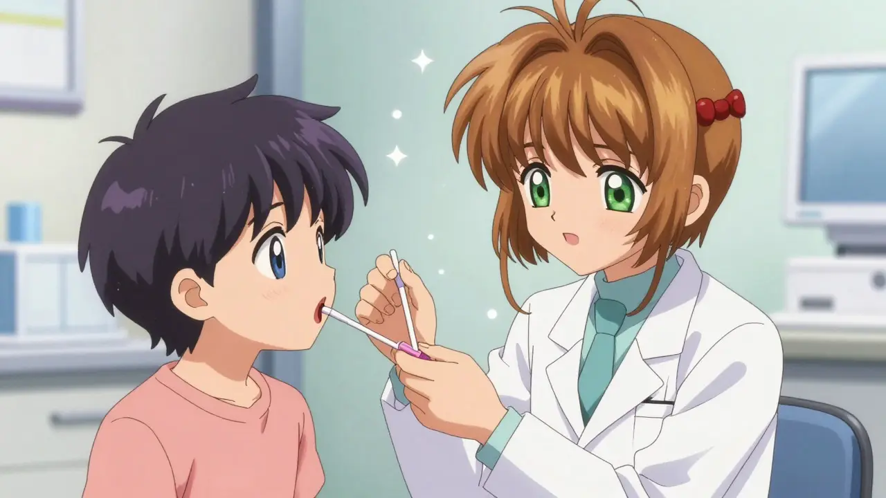 Doctor performing throat swab test on young patient in bright clinic, anime style