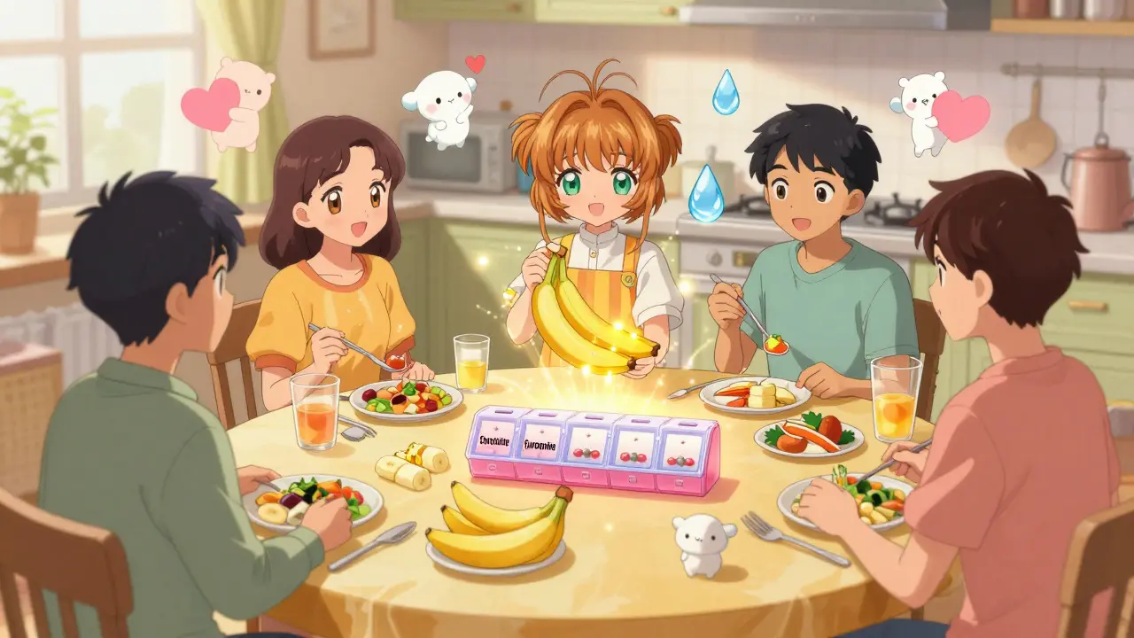 Friends sharing healthy food and medicine in anime style