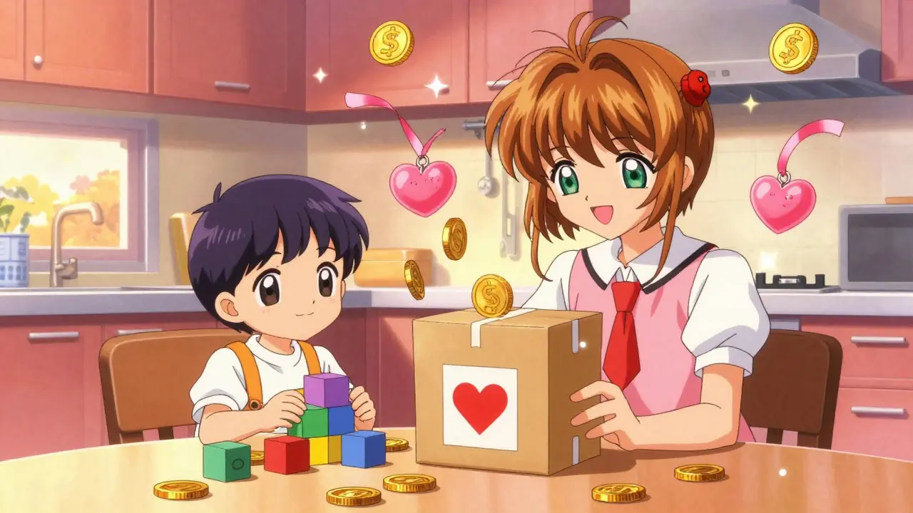 Happy anime family celebrating savings with magical coins and medication delivery