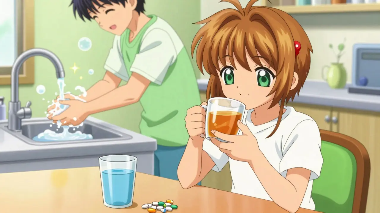 Happy character drinking tea and taking meds while another washes hands, anime style