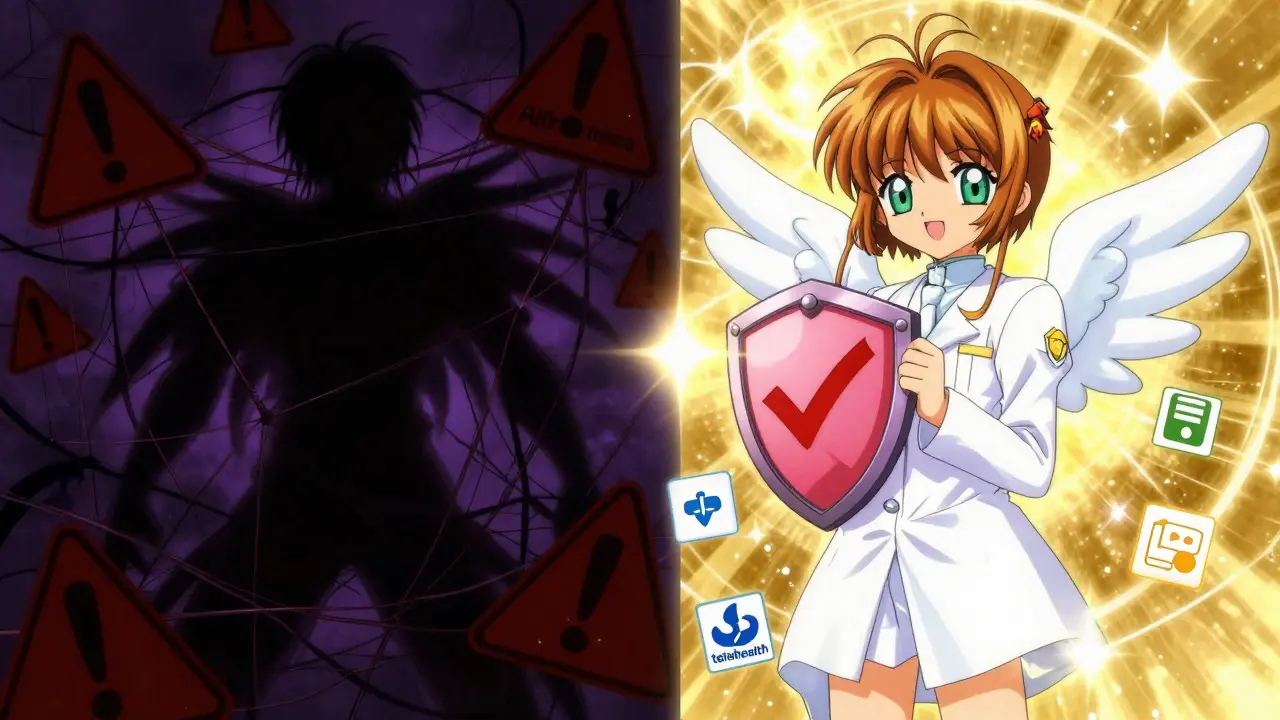 Magical anime comparison of safe vs unsafe online pharmacies