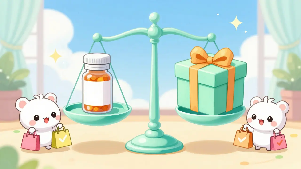 Magical balance scale comparing medication costs in anime art