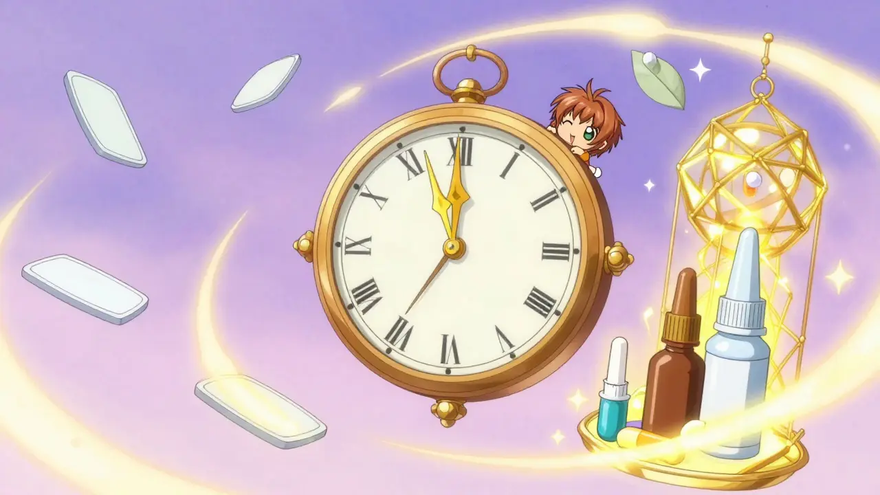 Magical clock with floating pills and complex drug barriers