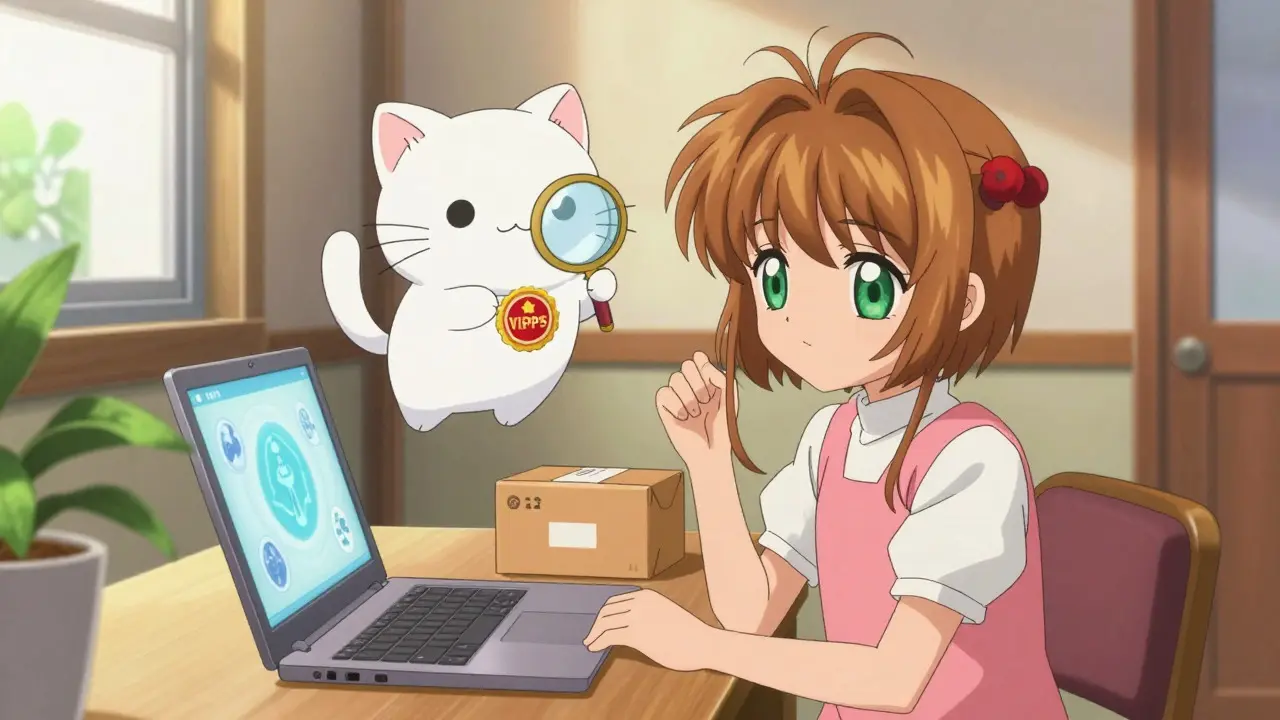 Magical creature verifying prescription safety seal at home