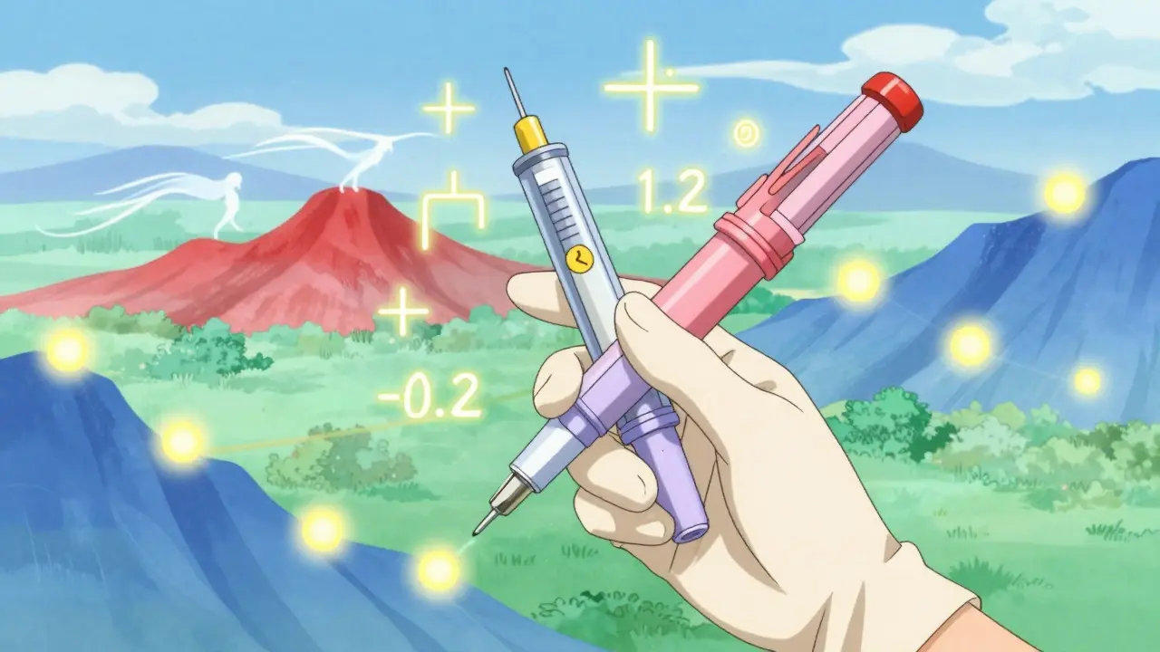 Magical insulin pen surrounded by floating adjustment numbers and smoothing landscape spirits