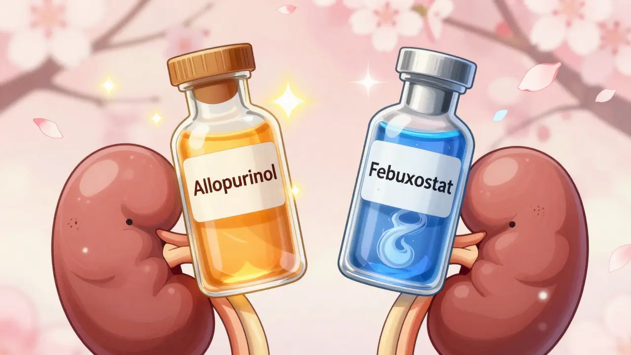 Magical potion bottles for Allopurinol and Febuxostat over cute kidney symbols