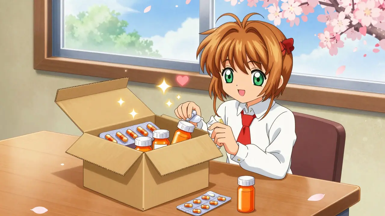 Open package of generic medication with magical sparkles and hearts