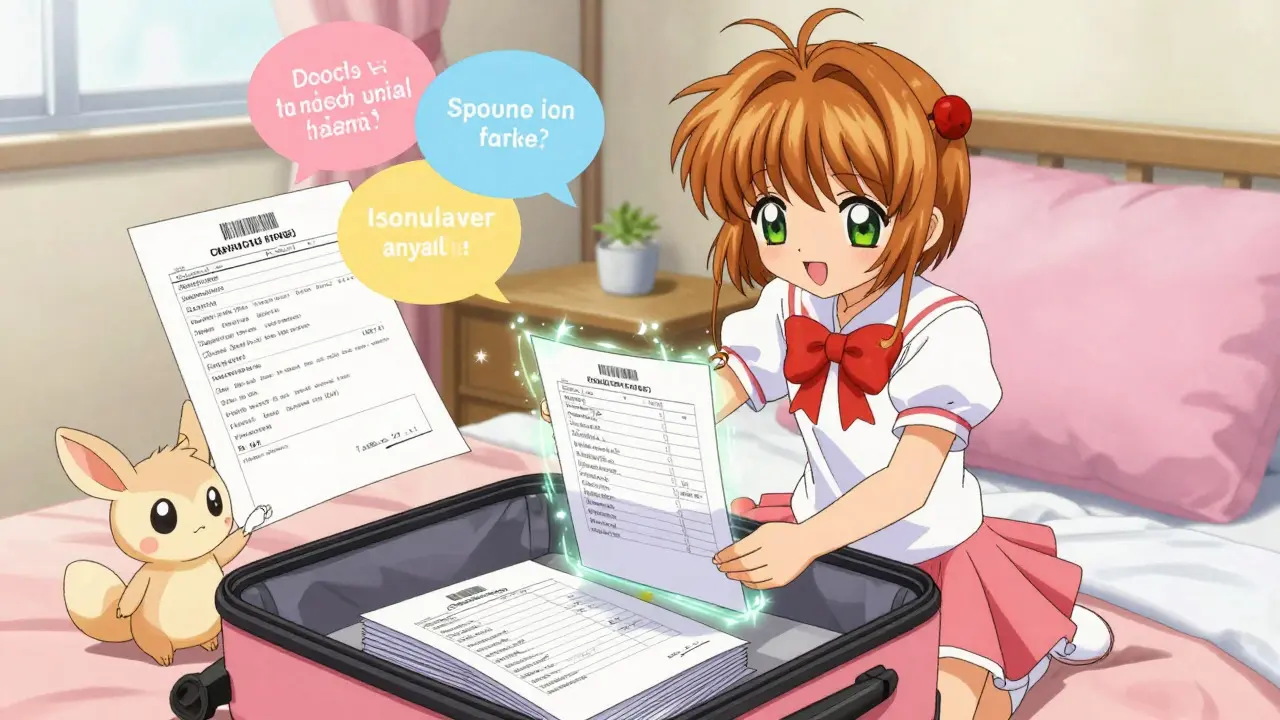 Protagonist packs glowing medical documents and translated letters with help from a magical creature in a cozy room.