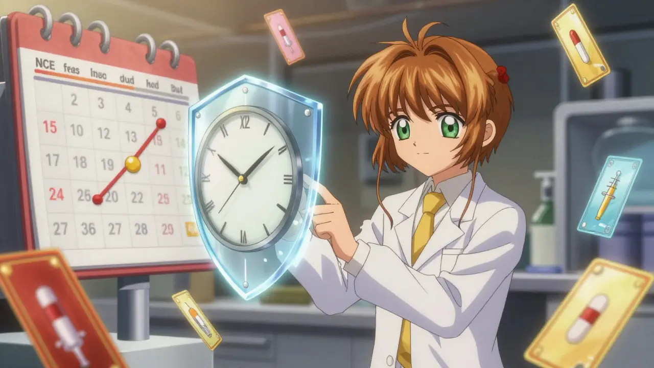 Scientist in lab with magical clocks and shields illustrating drug protection timelines