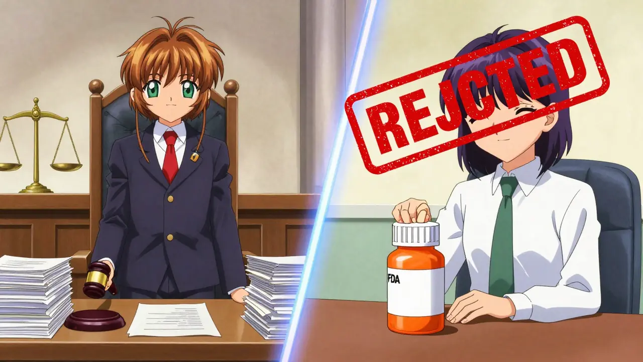 Split scene comparing court battles for patents vs FDA rejection for generics