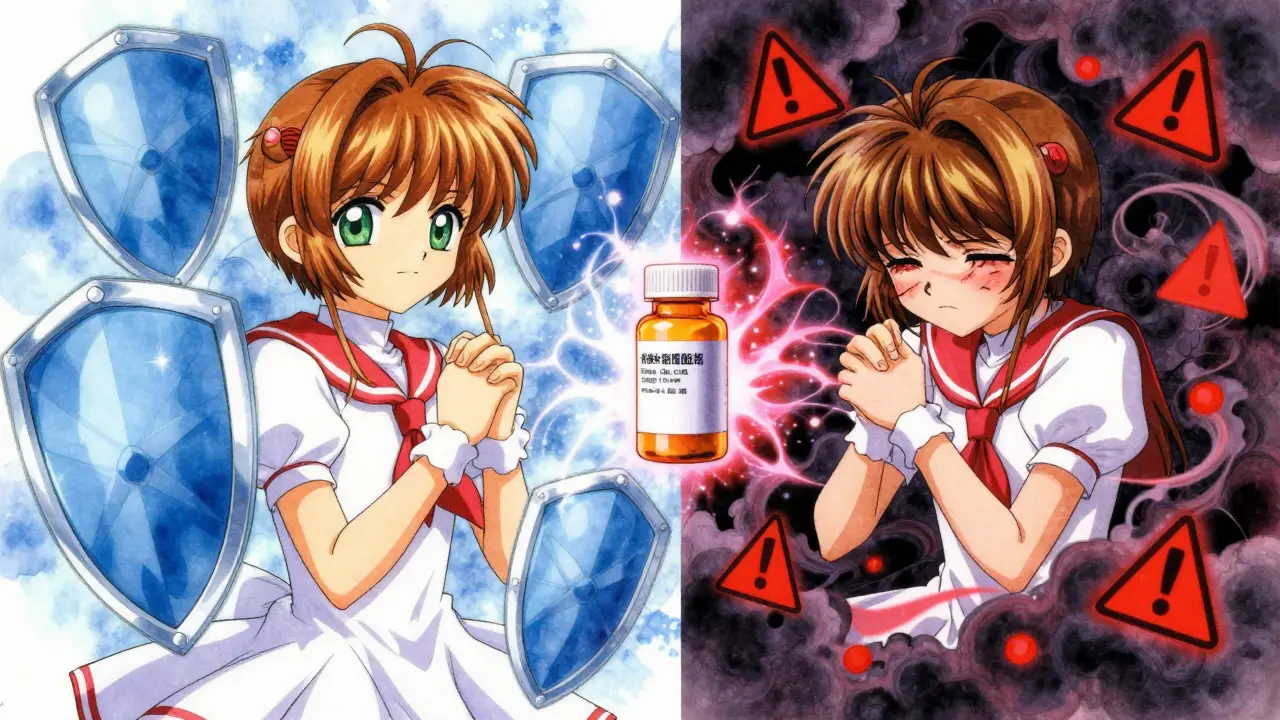 Split view of health vs toxicity risks from medication switching