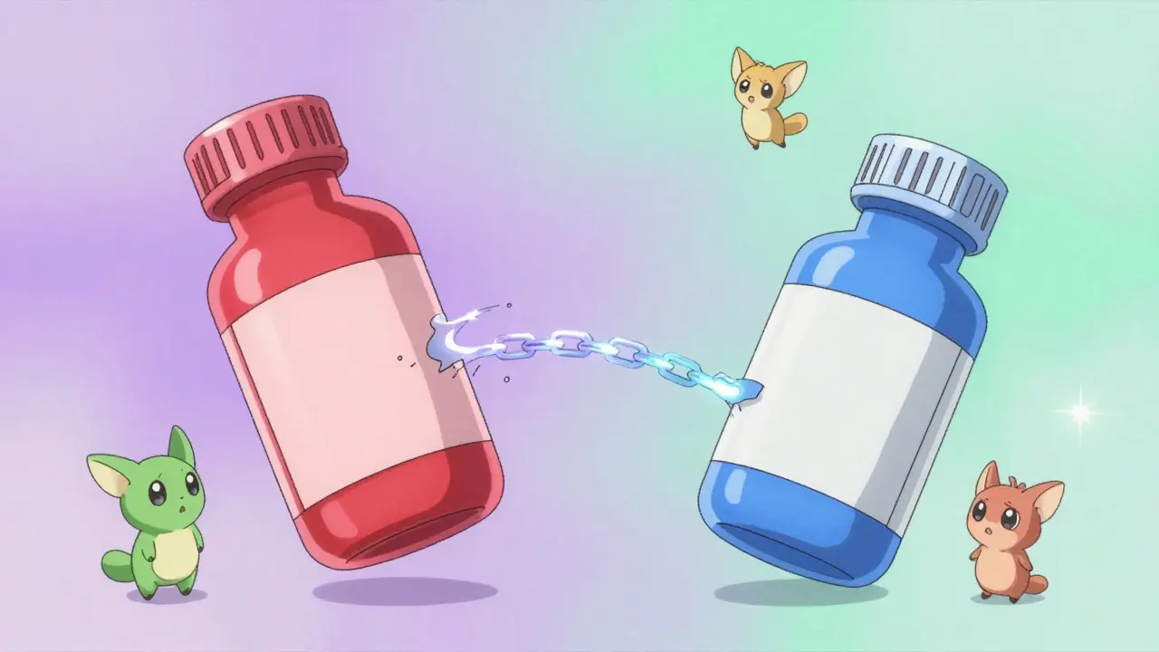Two glowing medicine bottles linked by a fraying chain, symbolizing drug interactions.