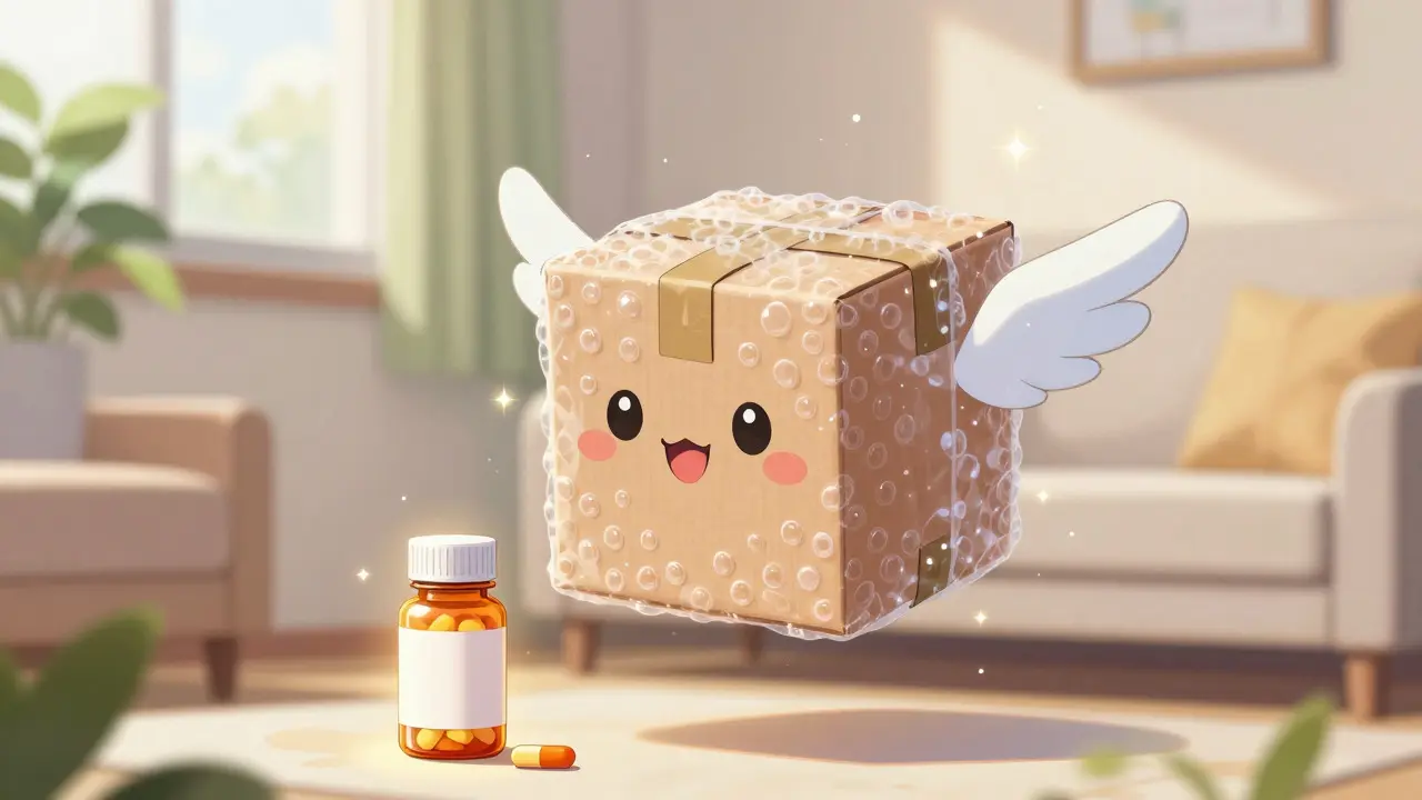 A cute flying delivery box arriving with a glowing bottle of medicine