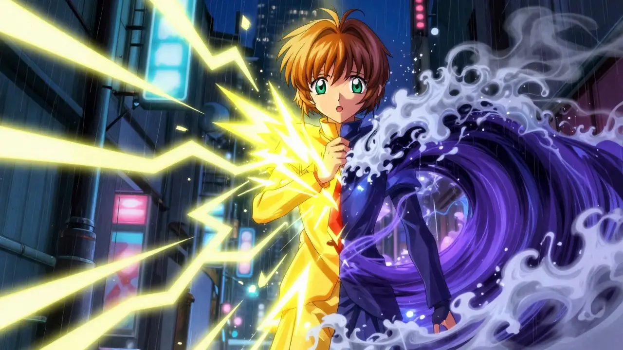 Anime art of a person experiencing conflicting drug effects in a city