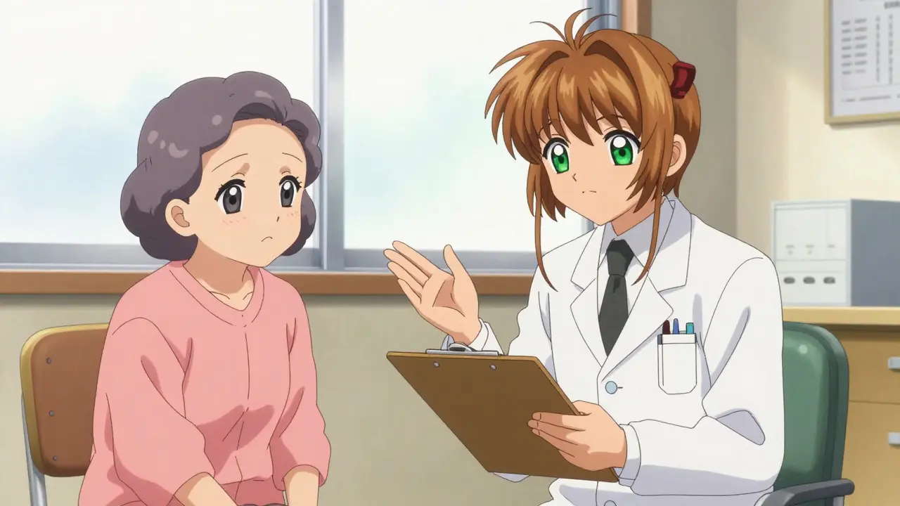 Anime-style drawing of a doctor advising an elderly patient in a bright clinic