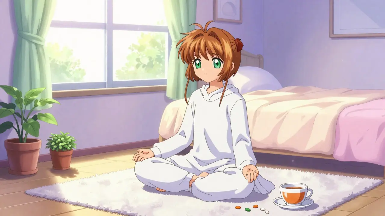 Anime-style scene of a person meditating in a sunlit room with herbal tea