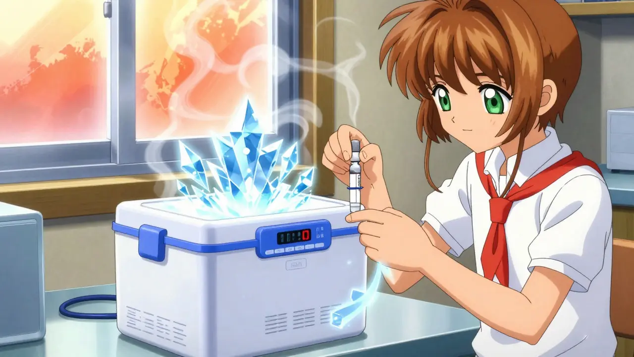 Character placing insulin in a glowing cooler near a hot window