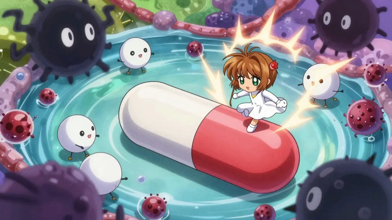 Cute anime characters battling impurities inside a drug tablet