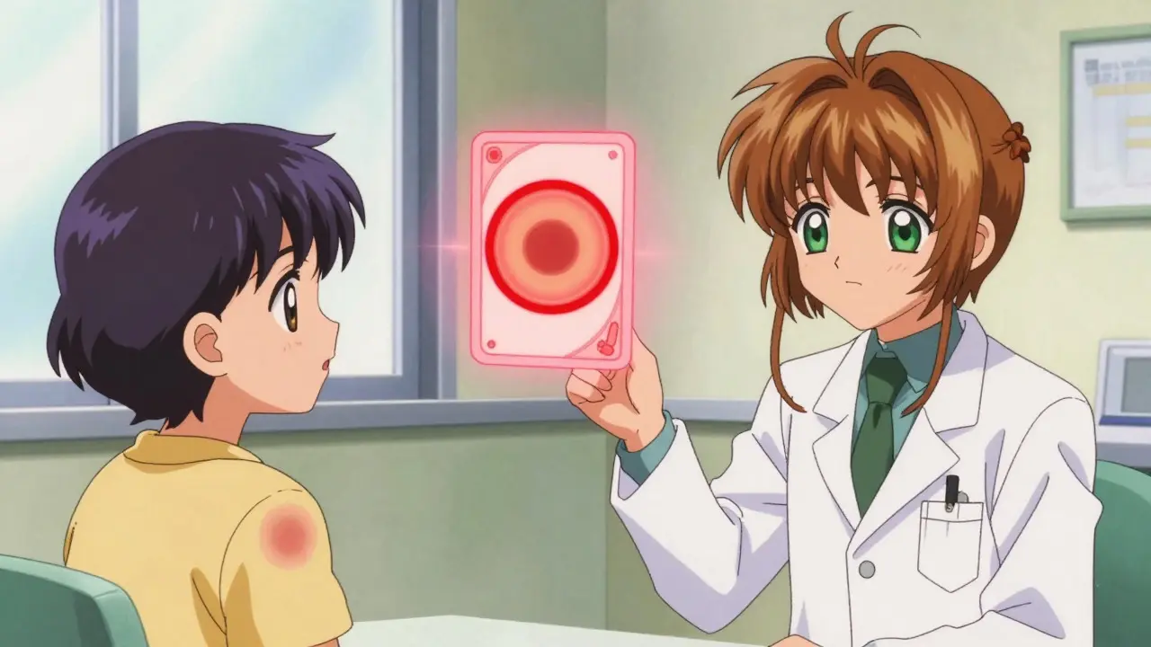 Doctor explaining a glowing bull's-eye rash in anime style