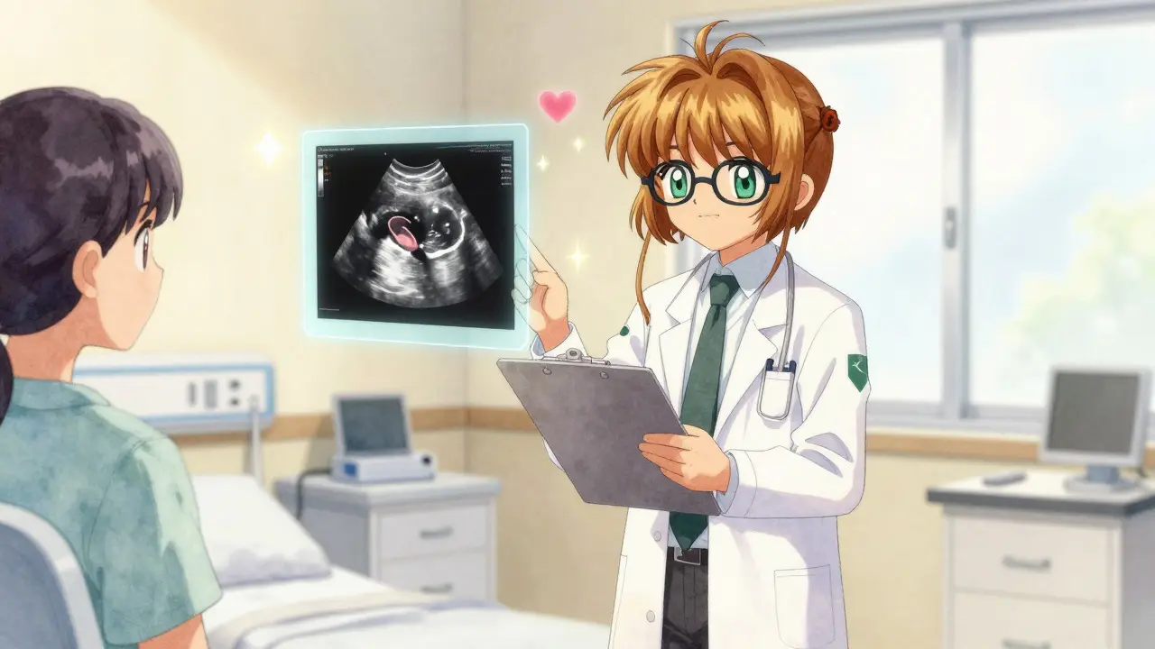 Doctor showing holographic ultrasound scan to patient in bright hospital room.