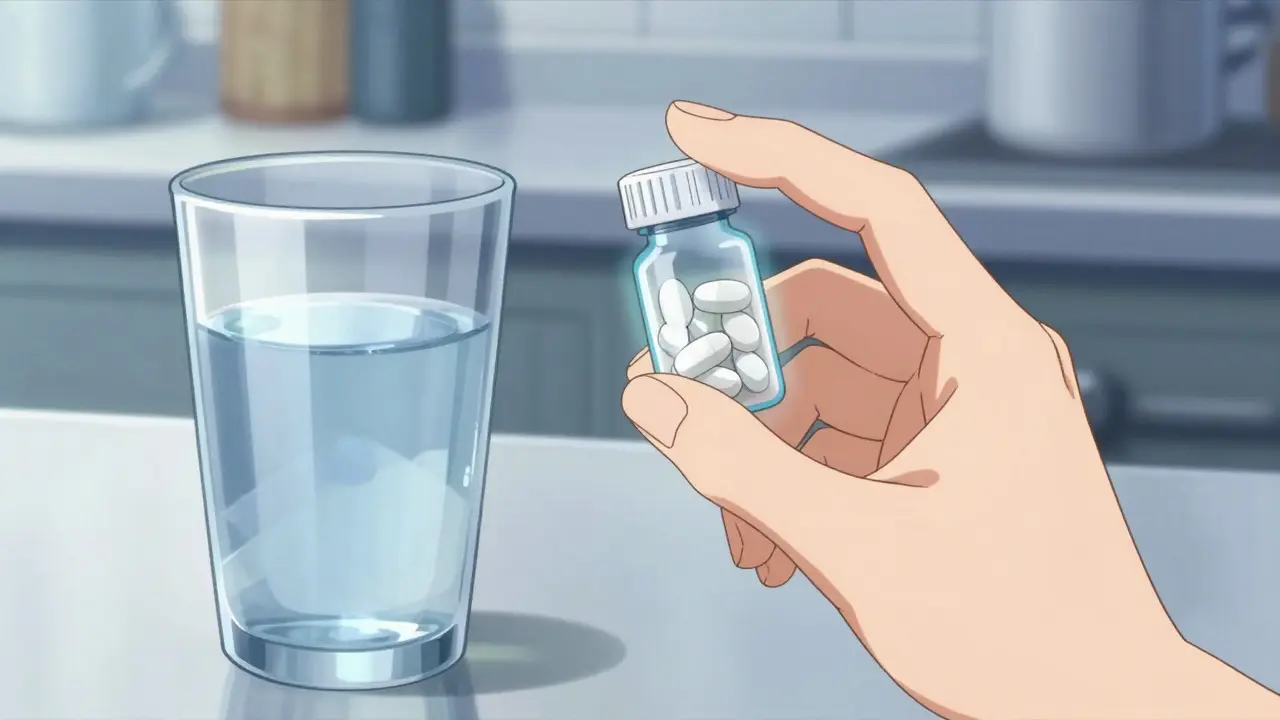 Hand holding a pill bottle and glass of water