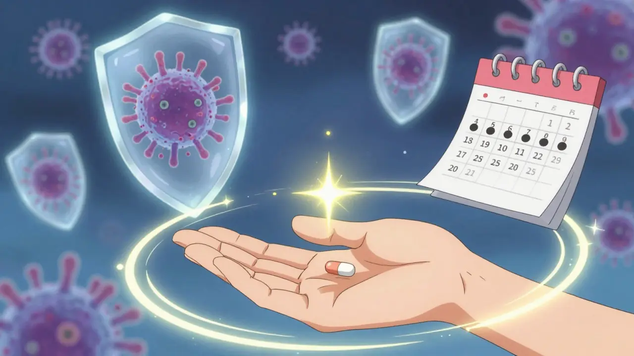 Hand holding antibiotic tablet with magical protection symbols